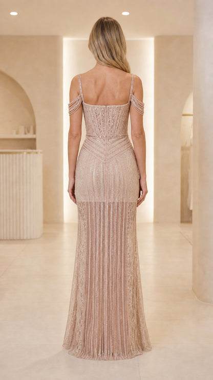 Back view of champagne formal dress