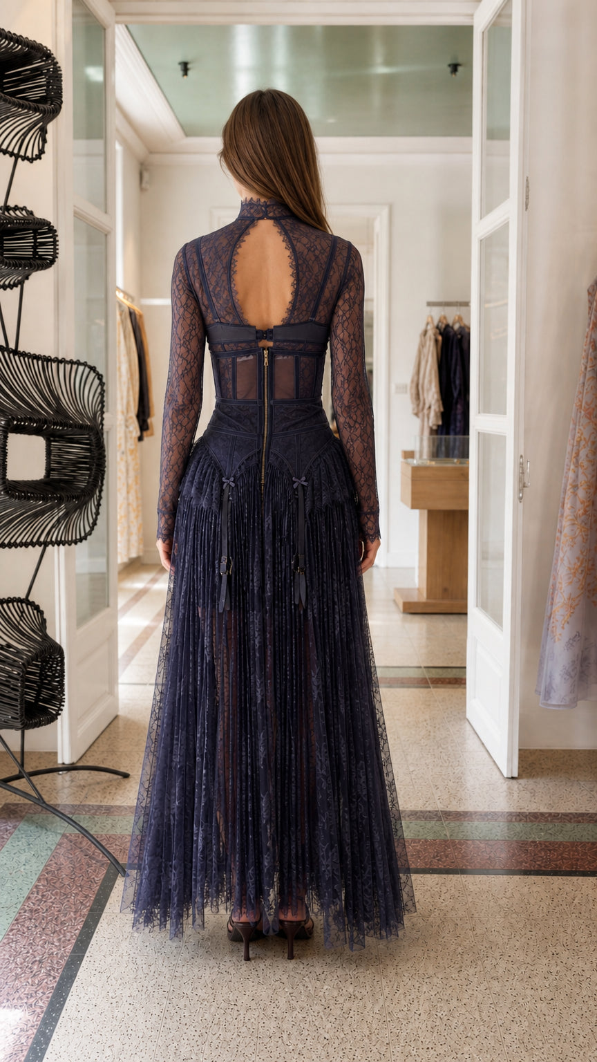 Back view of model showing keyhole back and zipper detail on Navy dress