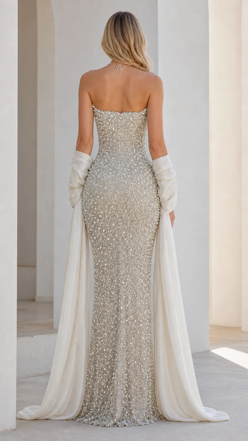 Back view of champagne formal dress showing structured bodice