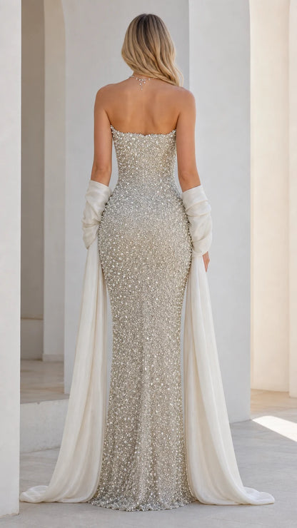 Back view of champagne formal dress showing structured bodice