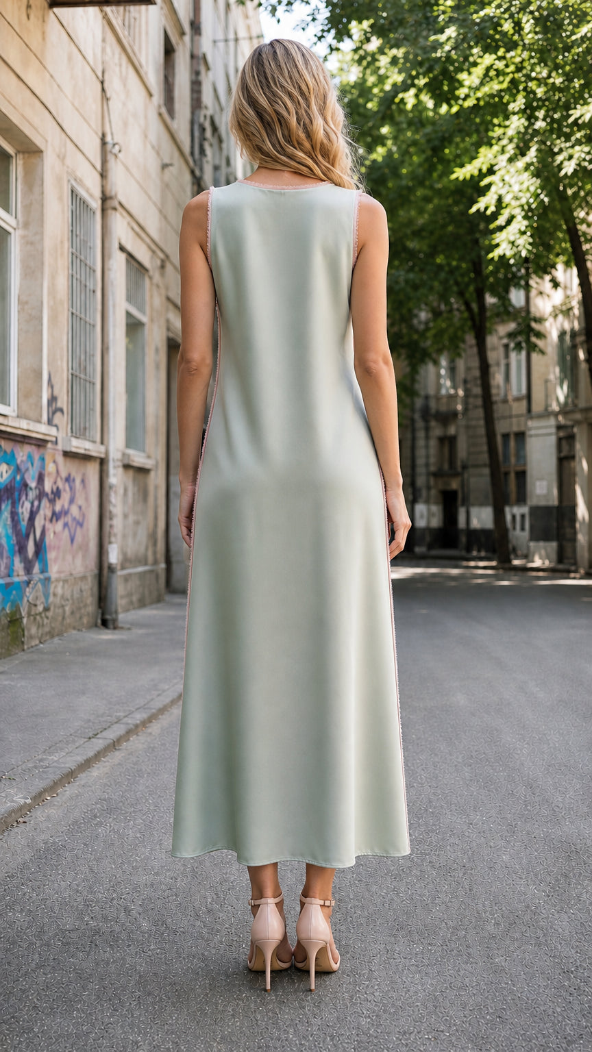 Back view of model in sage green midi dress