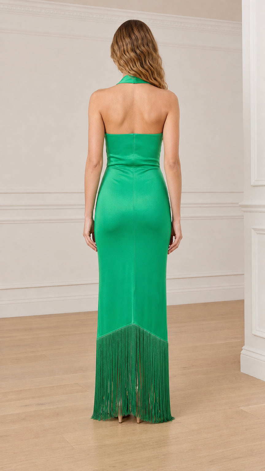 Back view showing halter neck and open back styling