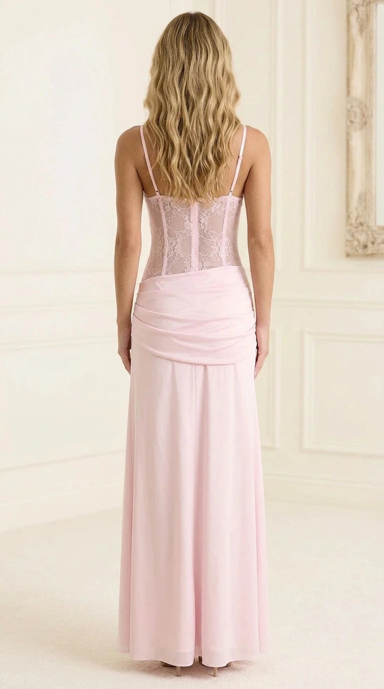 Back view of pink lace detailed formal dress