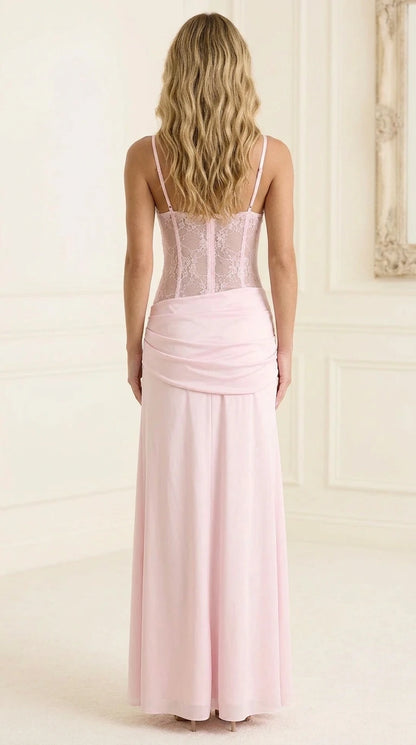 Back view of pink lace detailed formal dress