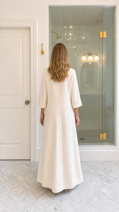 Model wearing Ivory V-Neck Maxi Dress back view
