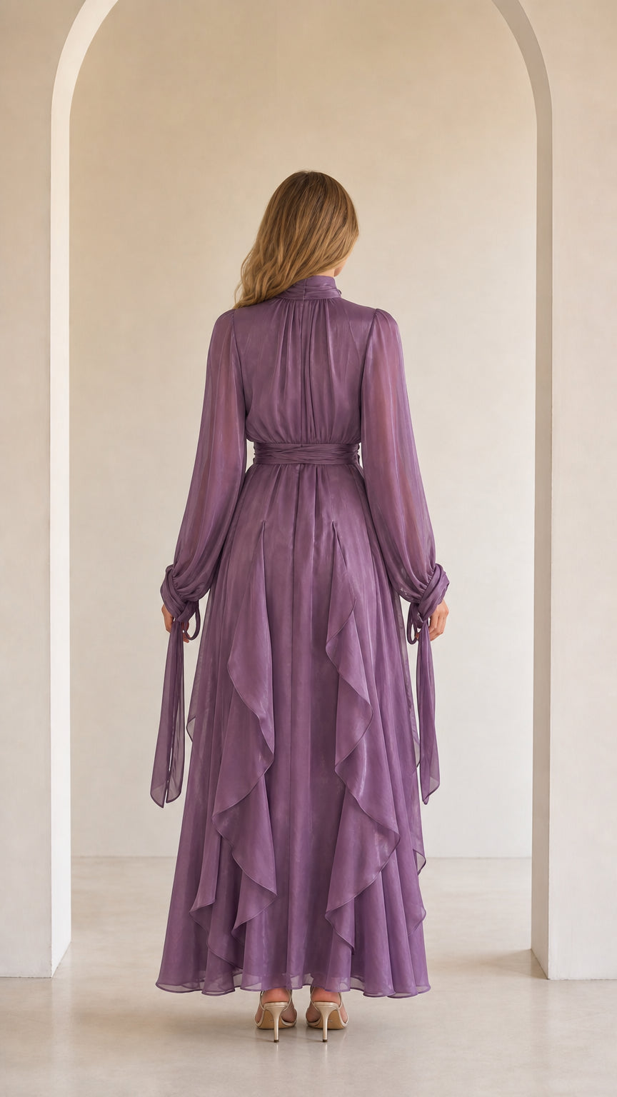 Ethereal Long-Sleeve Ruffle Maxi Dress in Lavender back view
