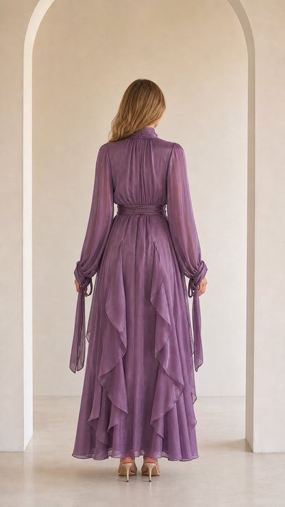 Ethereal Long-Sleeve Ruffle Maxi Dress in Lavender back view