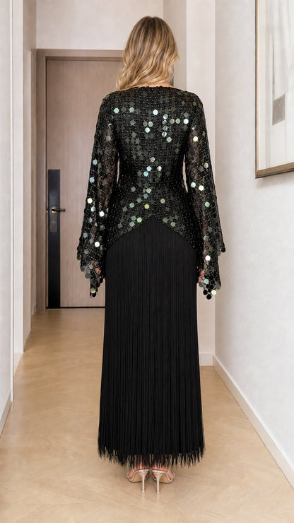 Back view of black sequin bell sleeve maxi dress