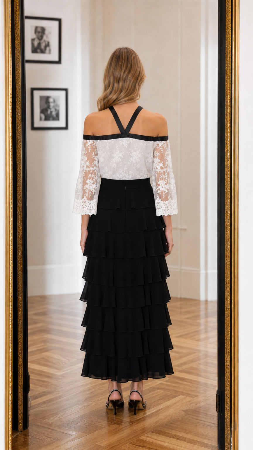 Back view showcasing straps and tiered skirt details