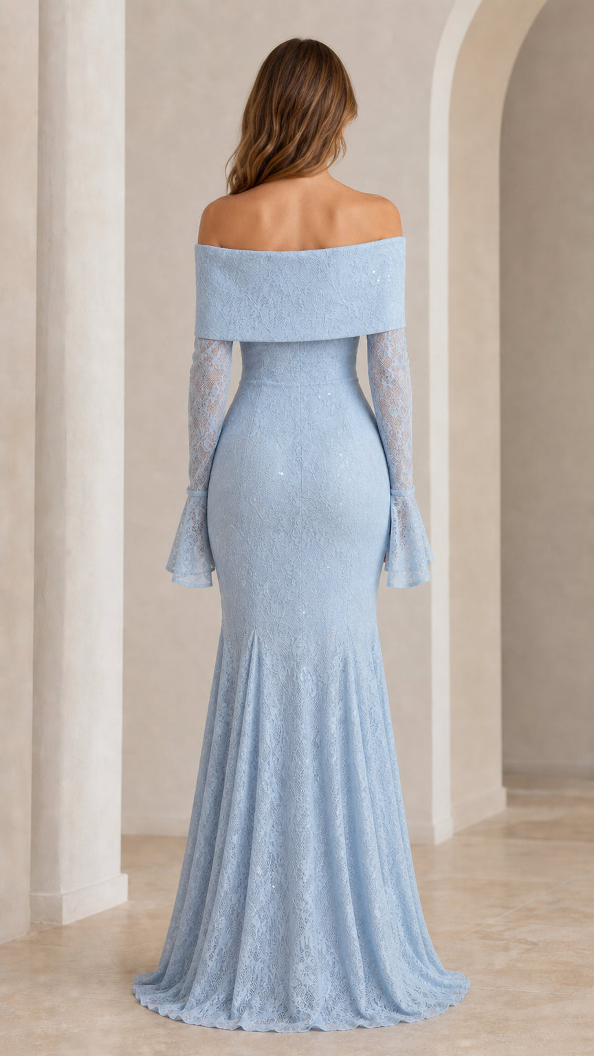 Back view showing mermaid hem and lace details in light blue