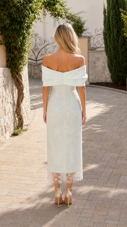 Back view of mint off-the-shoulder midi dress