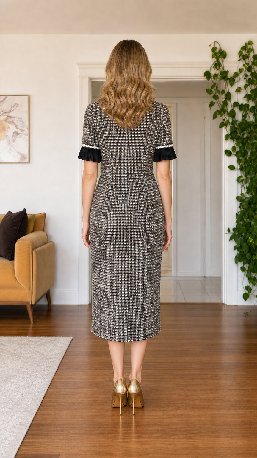 Back view of model wearing multi tweed midi dress