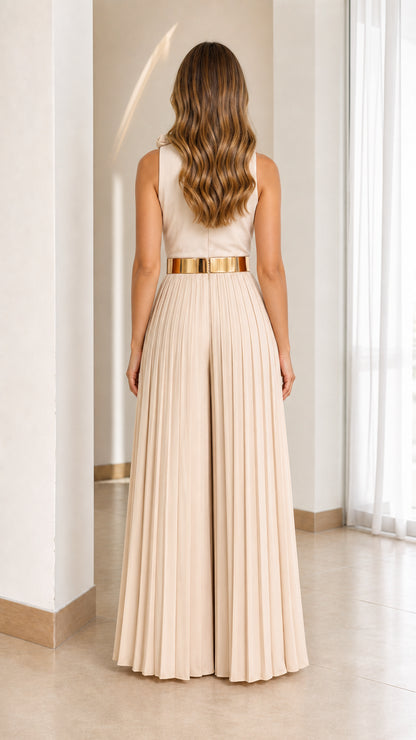 Beige pleated jumpsuit back view