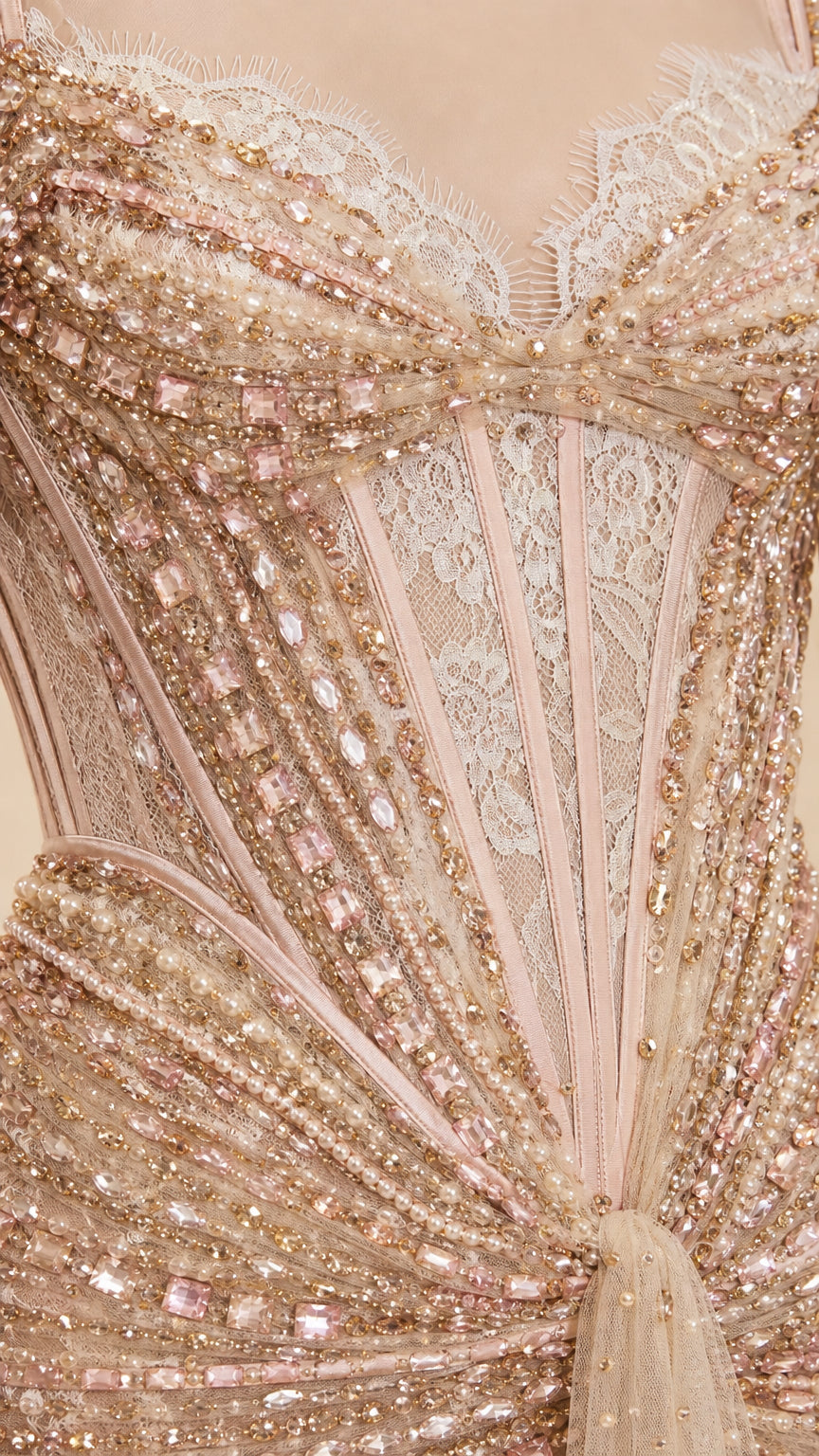 Close-up of beaded and crystal corset bodice detail