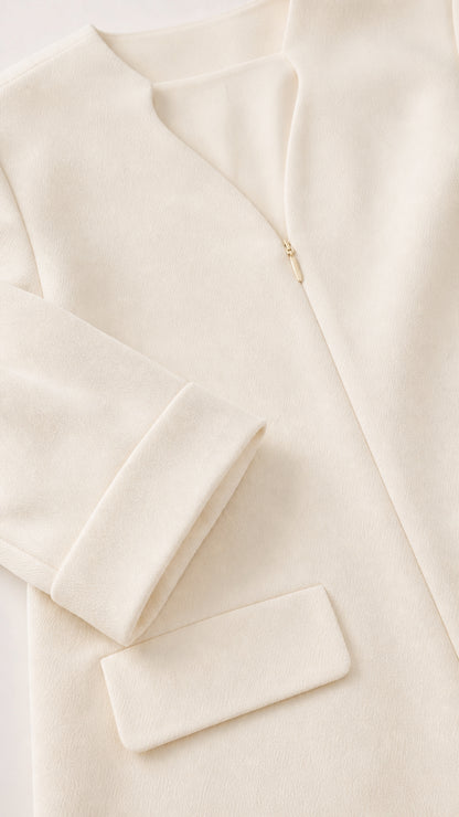 Close-up of Ivory V-Neck Maxi Dress collar and cuff detail