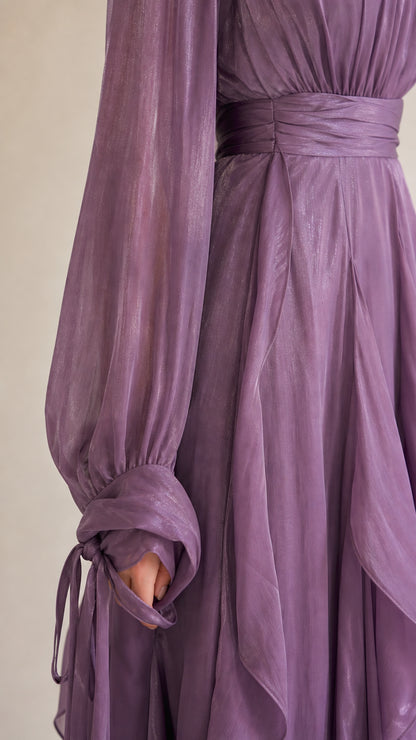 Close-up of sheer sleeve and waist detail on Lavender dress