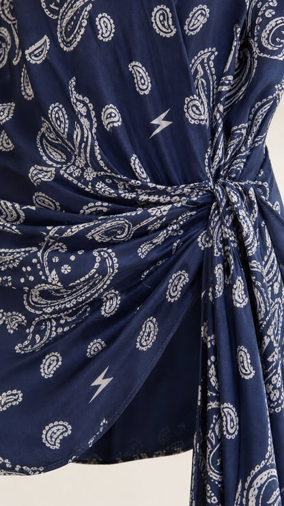 Close-up of paisley pattern and front knot detail on Navy dress