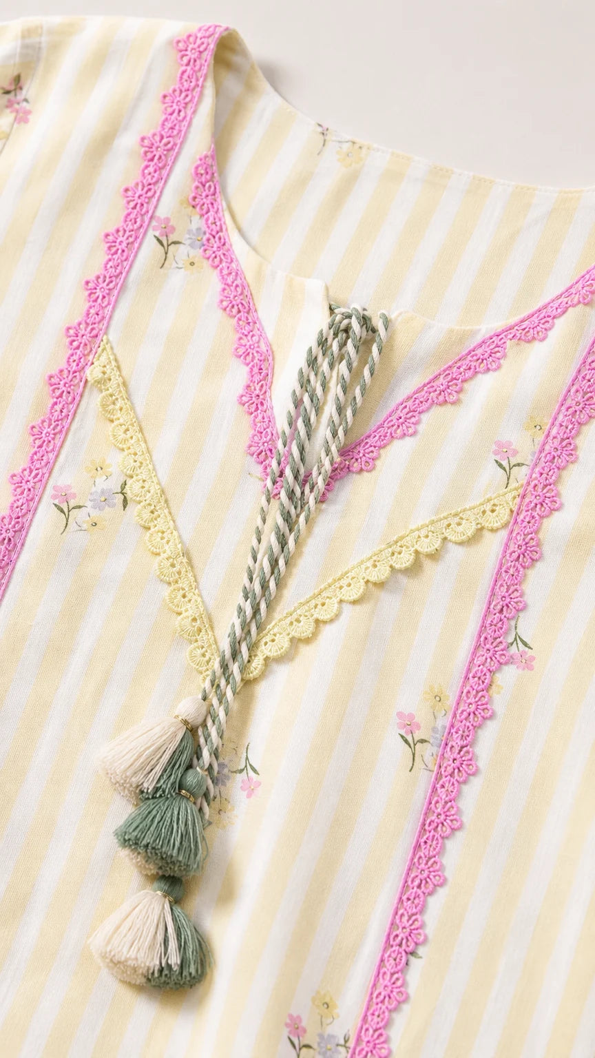 Close-up detail of neckline, lace trim, and tassels on yellow kurti