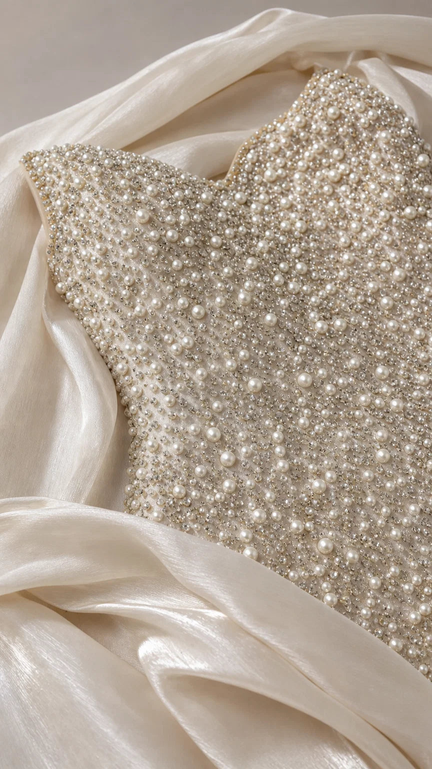 Close-up detail of intricate bead and pearl embellishments on sweetheart neckline