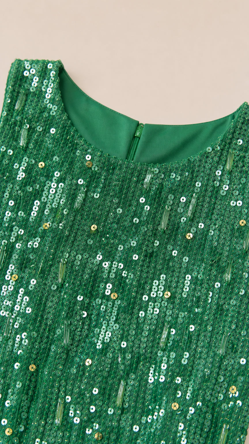 Close-up of green sequin dress neckline and fabric