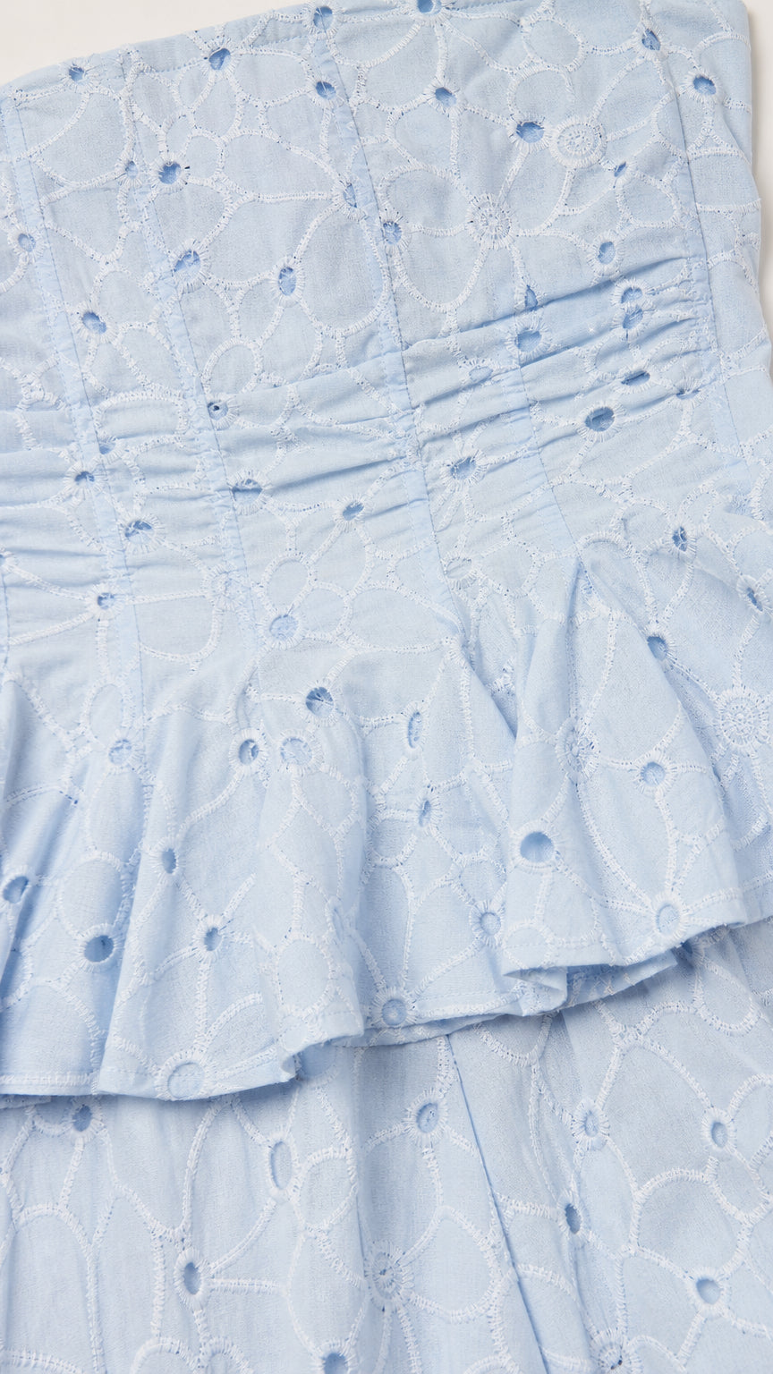Close-up of fabric texture and peplum waist detail in light blue