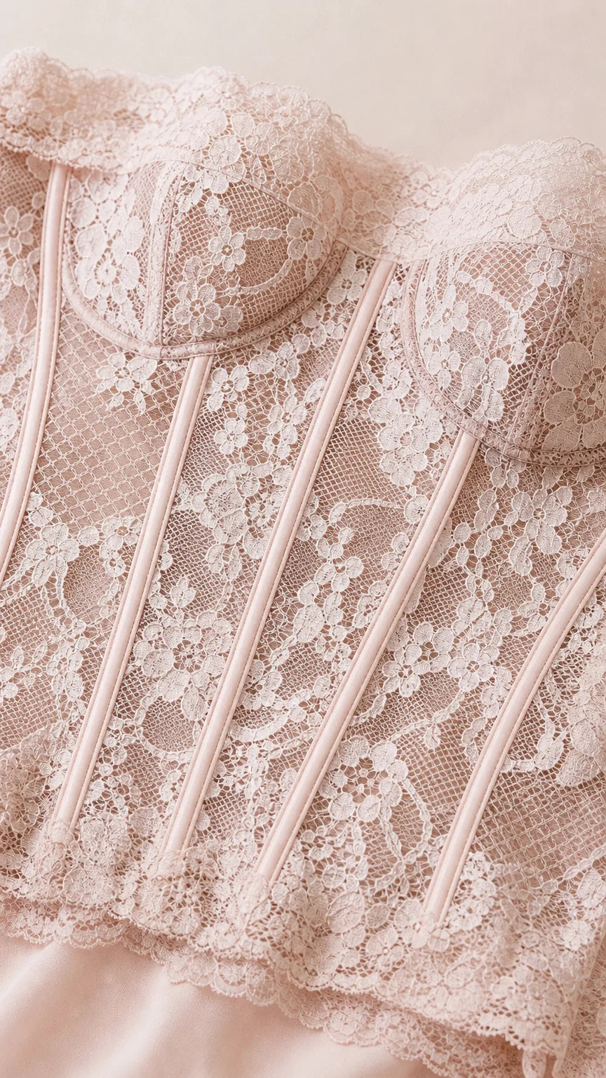 Close-up detail of lace corset bodice and boning
