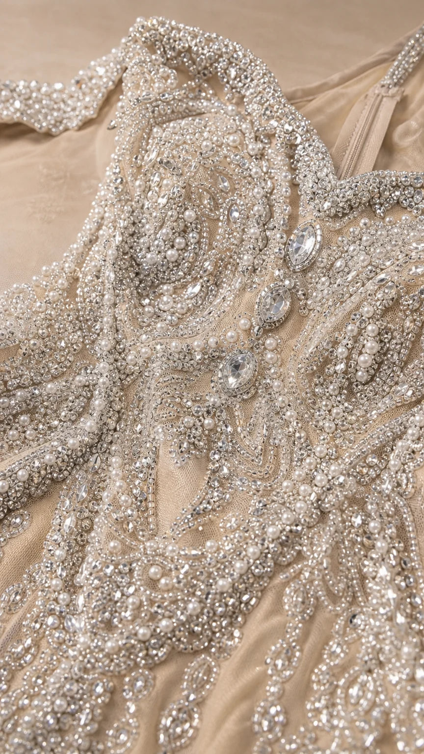Close-up detail of intricate beadwork and crystal embellishments
