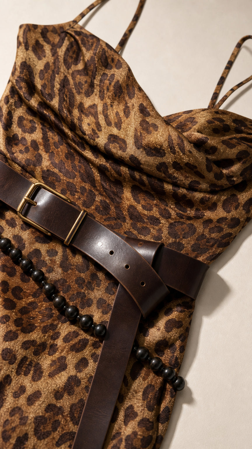 Close-up detail of fabric texture and belt on leopard print dress