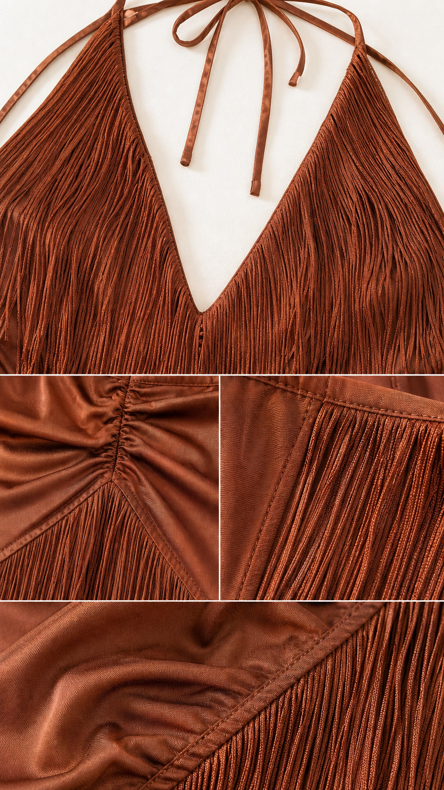 Close-up details of the halter neckline, ruching, and fringe fabric