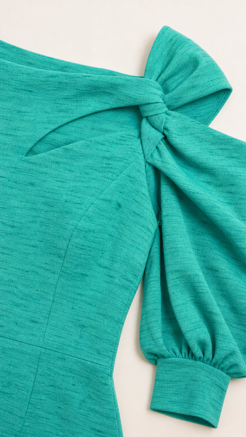 Close-up detail of the shoulder bow and textured teal fabric