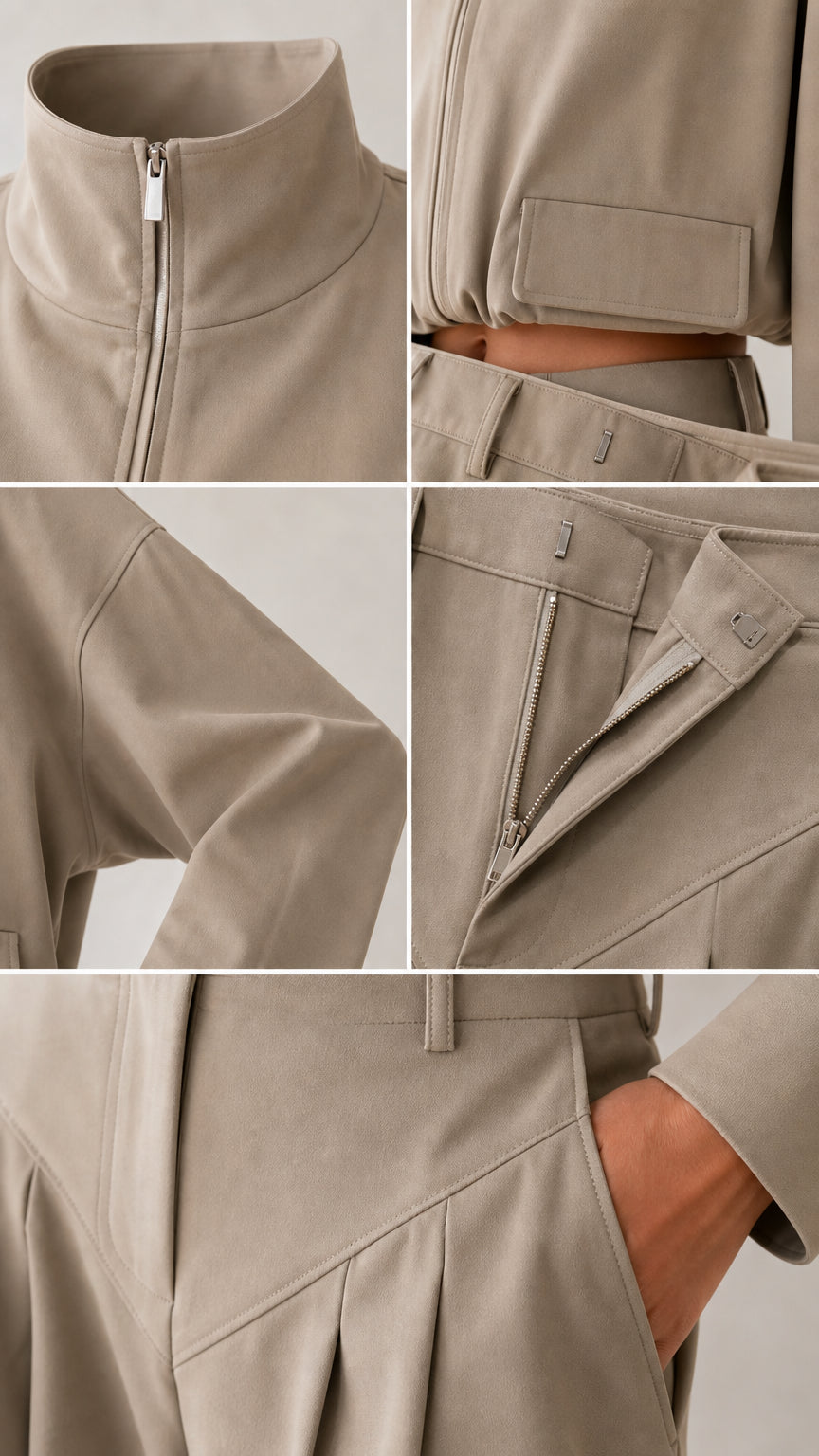 Detail shots of jacket collar, zipper, cuffs, and trouser pockets in khaki