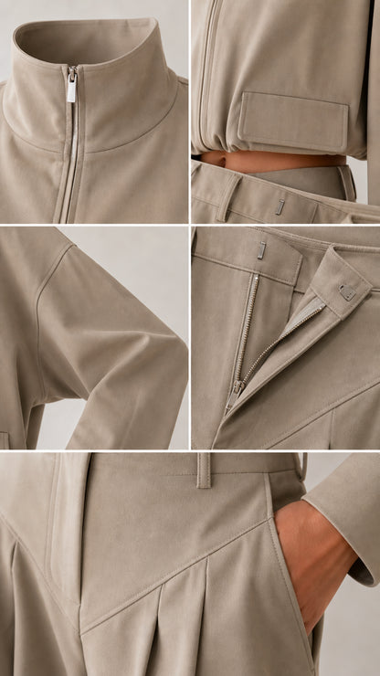 Detail shots of jacket collar, zipper, cuffs, and trouser pockets in khaki