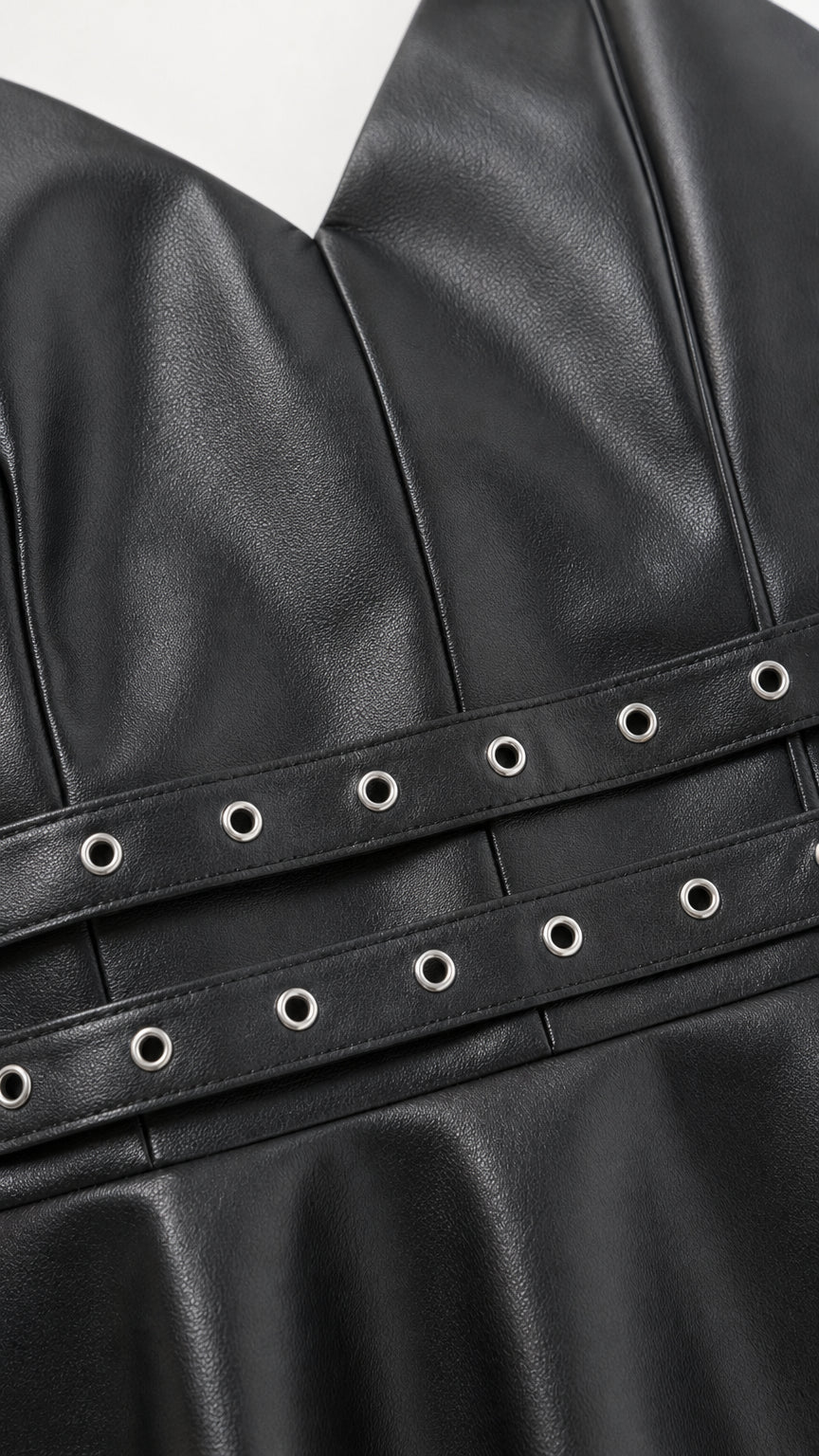 Close up of grommet waist belts on black faux leather dress