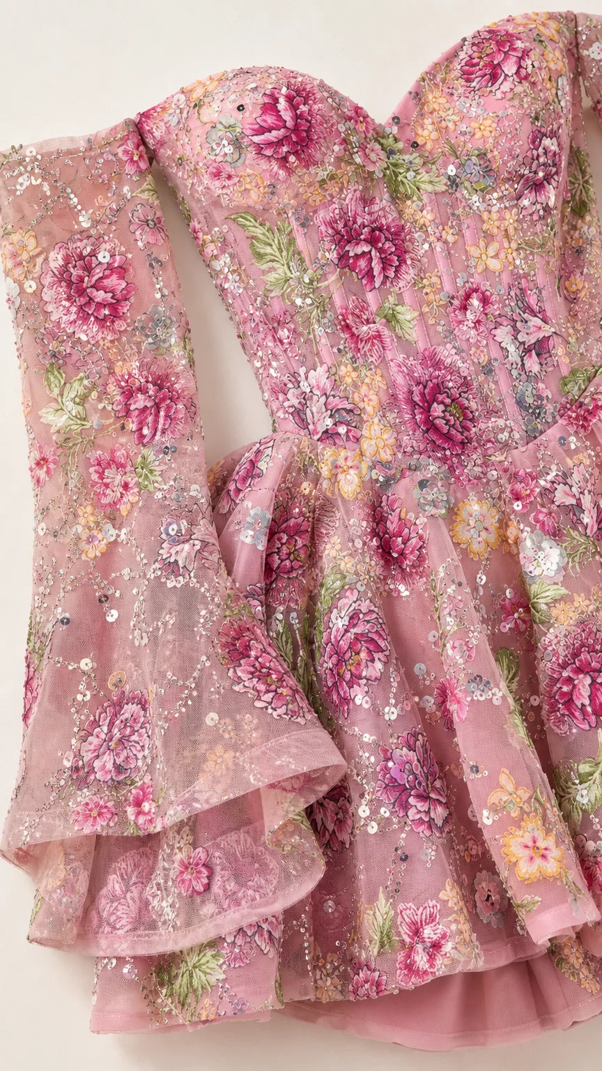Close-up detail of floral embroidery and bell sleeves