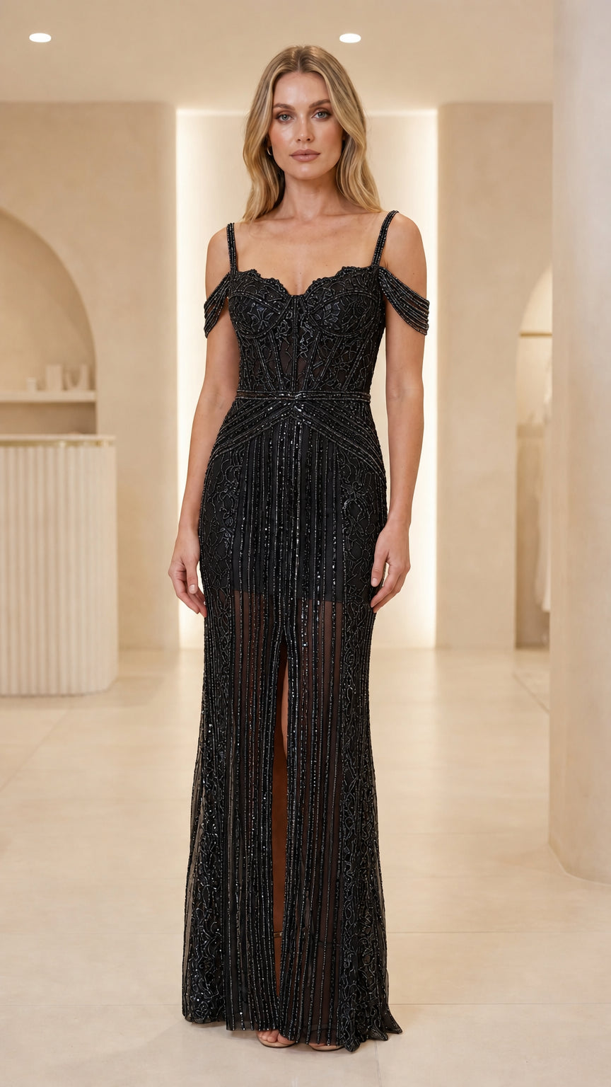 Front view of black evening gown variant