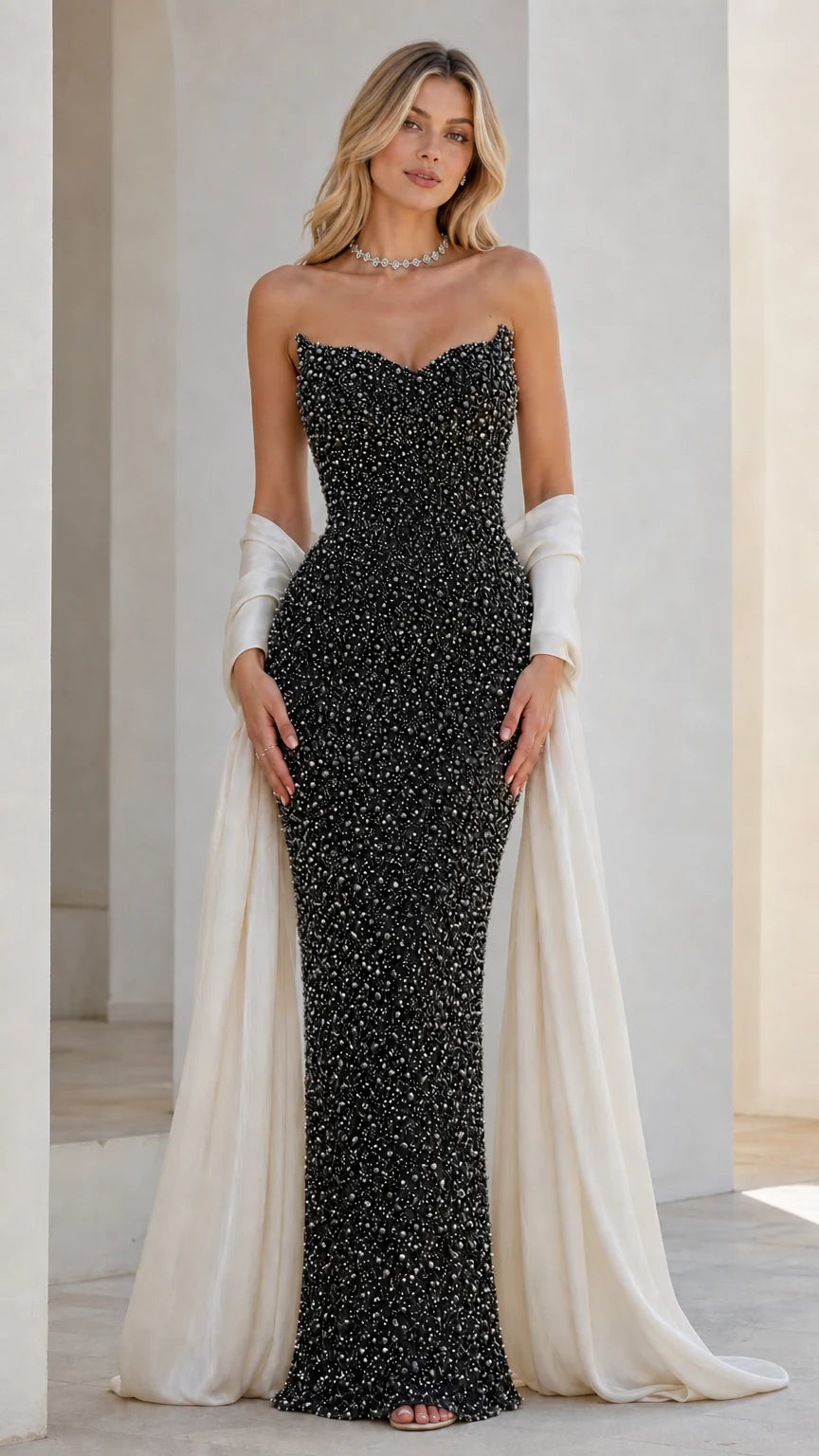 Front view of black beaded strapless evening dress with draped wrap