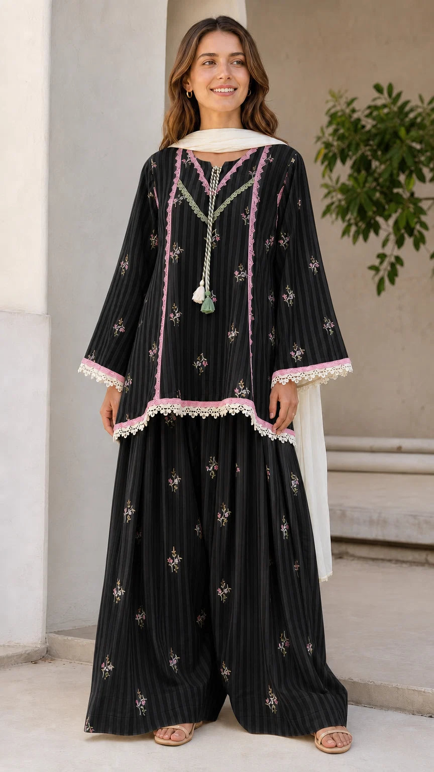 Front view of woman wearing black ethnic striped kurti and sharara set