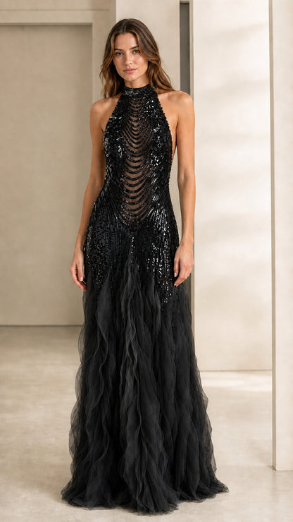 Front view of black sequin halter evening dress