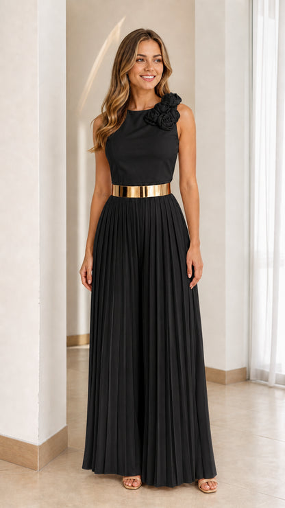 Black pleated wide-leg jumpsuit with floral shoulder applique
