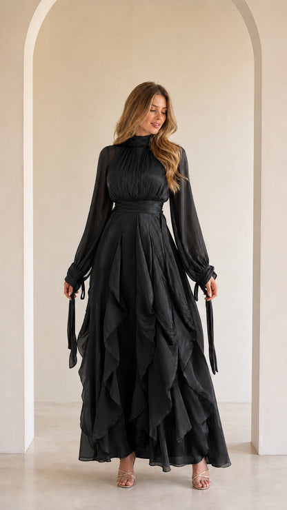 Ethereal Long-Sleeve Ruffle Maxi Dress in Black