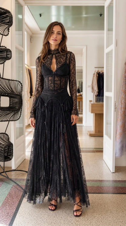 Front view of model wearing Black lace maxi dress