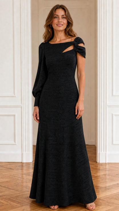 Front view of model wearing black evening maxi dress
