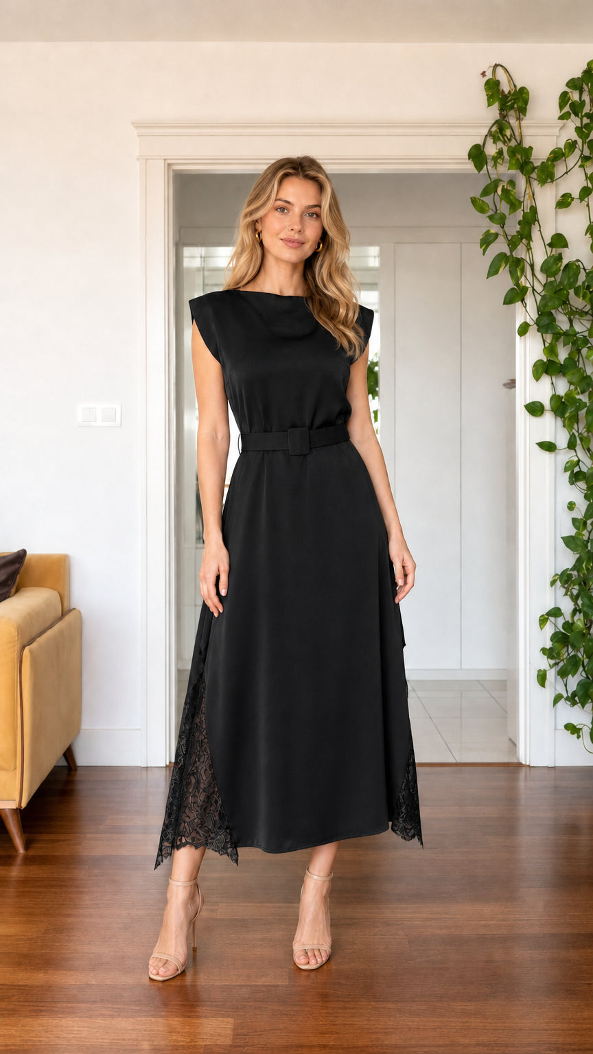 Front view of the black women's lace-trim belted midi dress