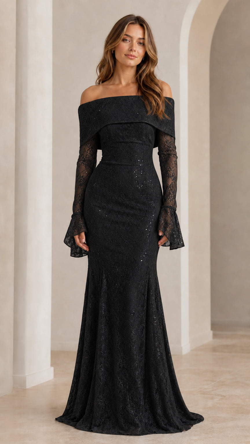 Front view of black off-shoulder formal lace dress