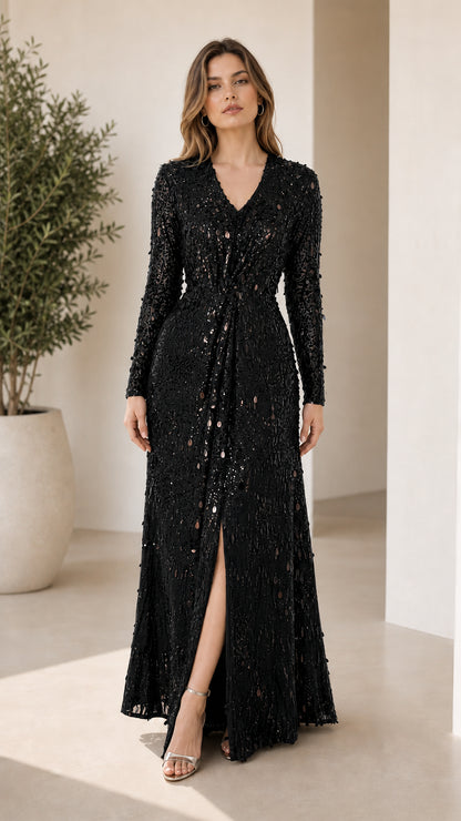 Front view of black sequin maxi dress