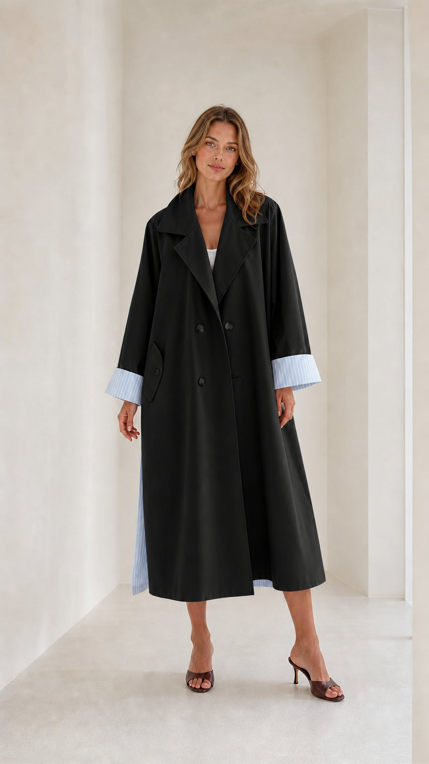 Front view of Black trench coat with striped cuffs
