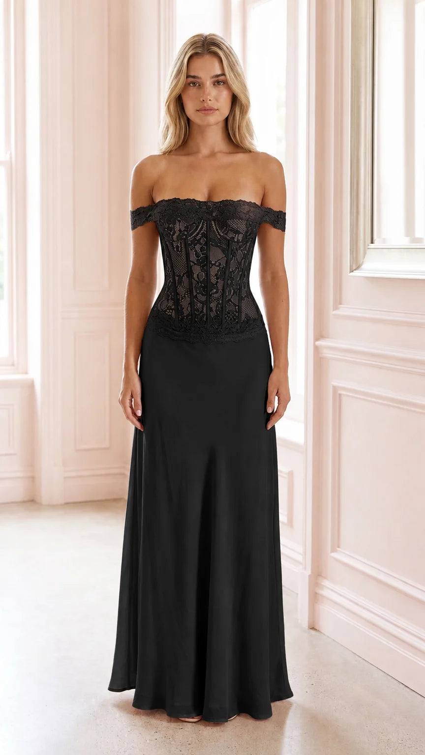 Front view of black off-shoulder lace corset evening dress