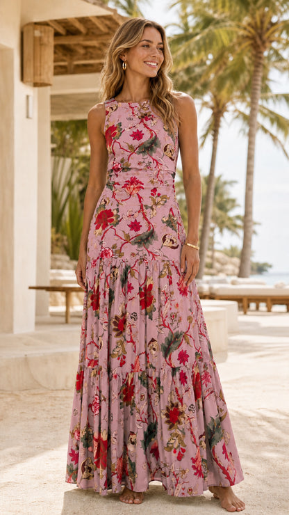 Front view of pink floral maxi dress variant