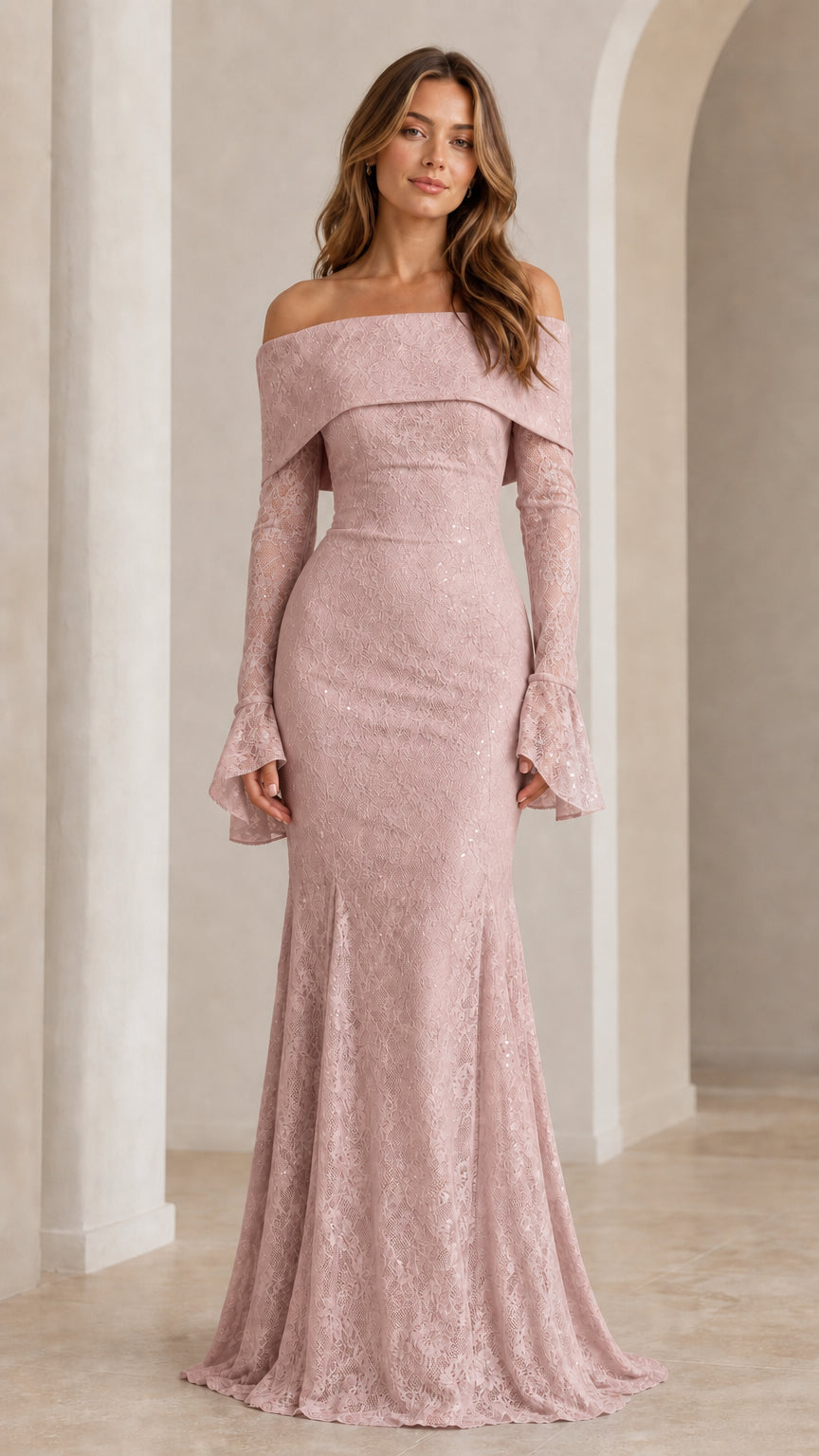 Front view of pink off-shoulder formal lace dress
