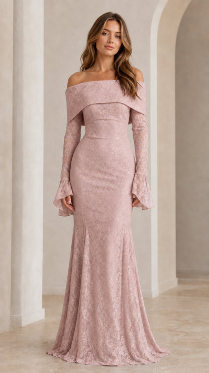 Front view of pink off-shoulder formal lace dress